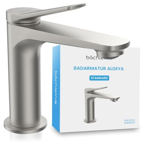 Bächlein Badarmatur Aldeya in modernem Design, Einhebelmischer mit langlebiger Keramikkartusche und Montage-Set, Bad Wasserhahn Edelstahl Gebürstet