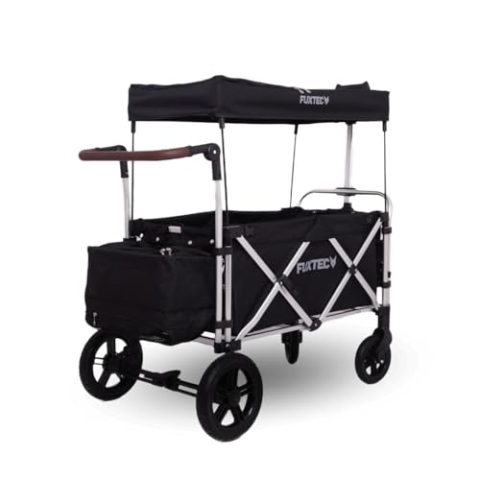 FUXTEC Bollerwagen faltbar FX-CTL900 Schwarz mit Dach - Transportwagen klappbar |inkl. Hecktasche mit Schuhfach & Komfort-Schiebegriff | 5-Punkt-Gurt | Handwagen/Leiterwagen - Das Original