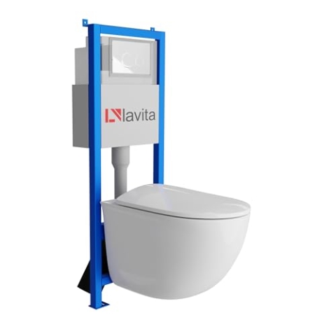 Lavita LAV 101 Vorwandelement für WC 40cm + Wand Hänge Tiefspül WC VITO Weiß Spülrandlos + Bedienplatte LAV 200.4.1 Weiß | Komplettset | Unterputz Spülkasten | Toilette Komplett Sett