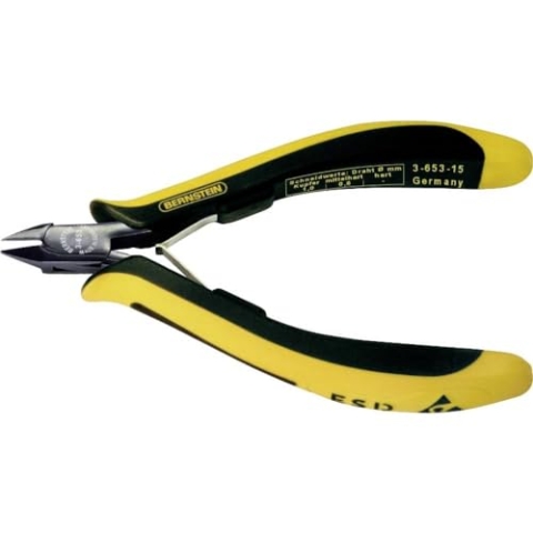 Bernstein Werkzeug Mini-Seitenschneider Euroline, 120 mm mit flach-abgesetzter Schneide ohne Wate, ableitfähige zweifarbige Handschutzhüllen, 3-653-15