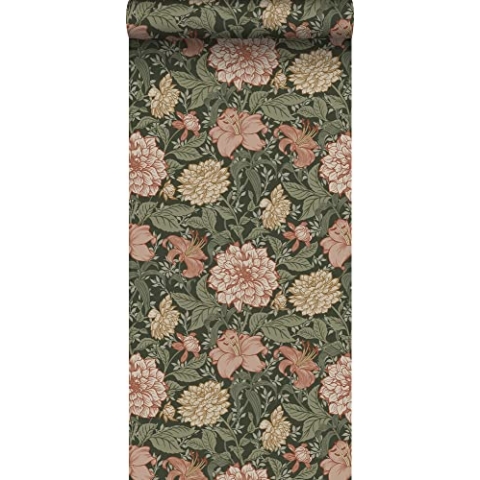 ESTAhome Tapete Blumenmuster Graugrün, Terrakottarosa und Beige - 139381-50 x 900 cm