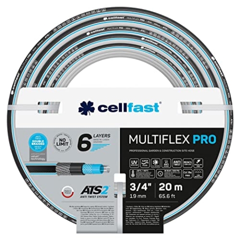 Cellfast Gartenschlauch MULTIFLEX PRO, Strapazierfähig, 6-lagig, Trikotgeflecht ATS2, UV und Algenbeständig, Schwermetallfrei, Velvet Technologie, 35 Bar, -20/+65° kurzfristig 3/4", 20m