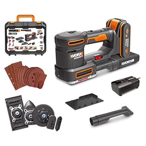 WORX WX820 Akku-Multischleifer – Schleifen ohne Staub – 5-in-1 Funktionen: Exzenter-, Fein-, Detail-, Konturen-, und Fingerschleifer – variable Geschwindigkeit – inkl. 2Ah Akku & Ladegerät