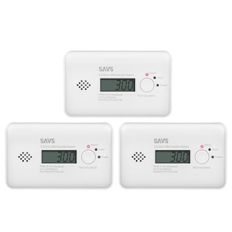 SAVS C10 CO Melder - Kohlenmonoxid Melder & Alarm-Monitor für Heim & Büro - Integrierte CO Melder 10 Jahre Batterie - Moderne Sensortechnologie - LCD-Display - Wandmontage oder Aufstellung – 3er Set