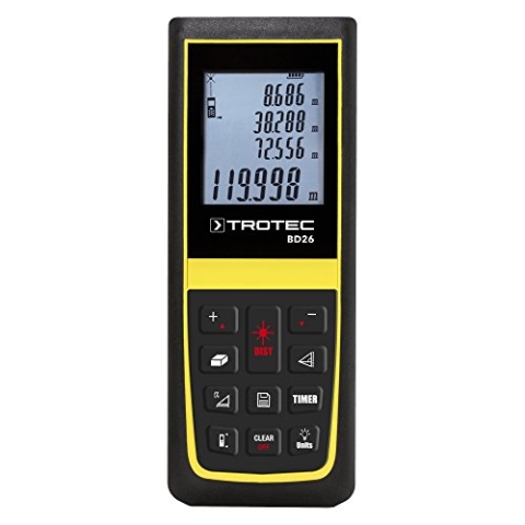 TROTEC Laser Entfernungsmesser BD26 – Digitales Messgerät Entfernung – Reichweite bis 120 m, 90°-Neigungssensor, IP54, Wasserwaage, Timerfunktion, Abschaltautomatik