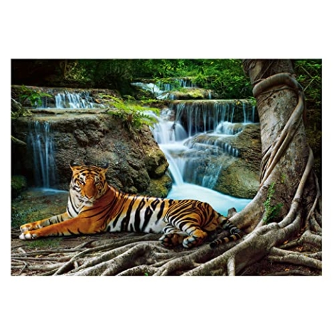 WallArena - Vlies Fototapete 3D Effekt Tiger Dschungel Tiere Wasserfall 254x184 cm - Fototapeten - Tapeten - für Wohnzimmer Schlafzimmer - Vliestapete Wandtapete Tapete 3D Effekt- inkl. Kleister