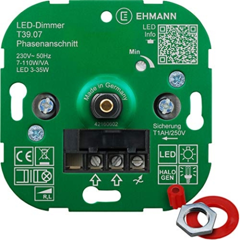 Ehmann LED Unterputz-Dimmer, Phasenanschnitt, 230 V, 50 Hz, Leistung: LED 3-35 W, 7-110 W/VA, inkl. Schalterprogramm-Adapter, Grün