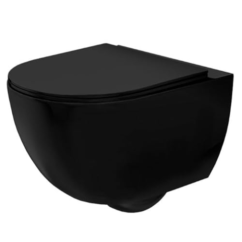 Rea Wand-Toilettenschüssel Carlo Mini Rimless Flat Black Mat Keramik-Toilettenschüssel – Softclose Duroplast-Sitz – Automatisches Absenken mit Soft-Closing (Mattschwarz)