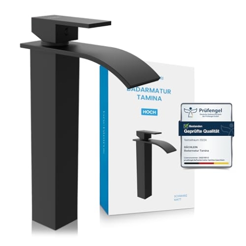 Bächlein Badarmatur Tamina hoch in Wasserfall-Design, extra hoher Einhebelmischer mit Montage-Set für Aufsatzwaschbecken, Bad Wasserhahn Matt Schwarz