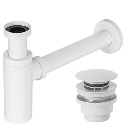 Rea Siphon + Click Clack Waschbeckenstöpsel Universal Weiß für Waschbecken & Waschtisch aus Messing (Weiß)