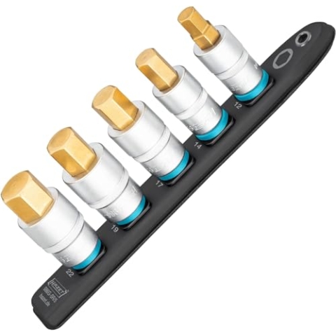 HAZET Smart-Rail 986G-SR/5 I magnetische Unterseite mit 5 Steckplätzen, Antrieb: Vierkant 12,5 mm (1/2 Zoll), Abtrieb: Innen-Sechskant Profil I Kunststoff-Steckleiste für Steckschlüssel