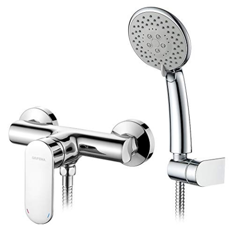 GRIFEMA BERLIN-G12004 | Duscharmaturn - Brausebatterie mit Brauseschlauch, Handbrause, Brausehalter | Einhebel - Brausemischer - Duschsystem, 1 Verbraucher, Chrom