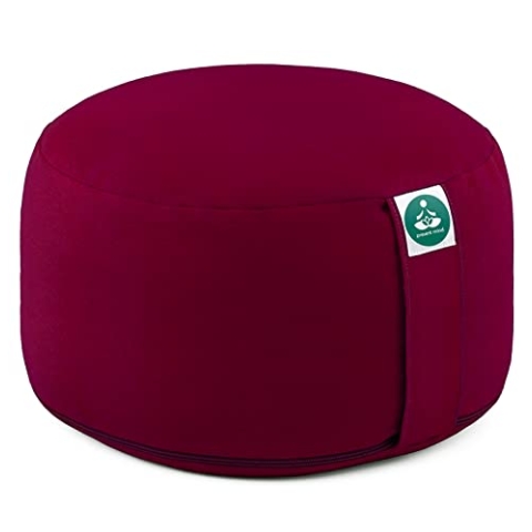 Present Mind Yogakissen Rund Extra Hoch (Sitzhöhe 20 cm) - Farbe: Burgund - Yogakissen Meditationskissen Hoch - Hergestellt in der EU - Waschbarer Bezug - 100% Natürliches Yoga Sitzkissen