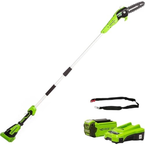 Greenworks G40PSFK2 Akku Hochentaster,20 cm Blattlänge, 8 m/s Kettengeschwindigkeit, 3,64 kg, automatisches Öl-System, 80 ml Öltank, 2.58m Stangenreichweite, 40V 2Ah Akku & Ladegerät, 3 Jahre Garantie