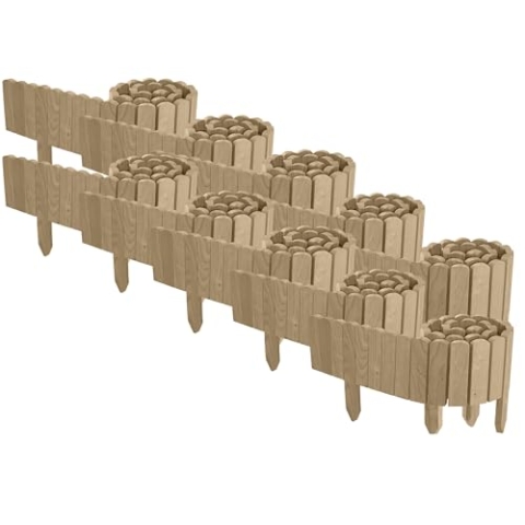Floranica 20 m Beeteinfassung Flexibler Holzzaun 10 St. 2 m x 10 cm Unbehandelt Steckzaun aus Kiefernholz Rasenkante Teichzaun Rollboard 10 tlg Erweiterbares Zaunset für Garten