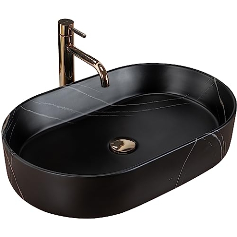 Rea Aufsatzwaschbecken Nadia Stone Black Matt Waschtisch Handwaschbecken Waschschale Waschbecken für Badezimmer aus hochwertiger Keramik 610 x 385 x 120 mm (schwarz matt)