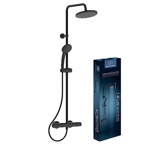 Ideal Standard Duschsystem Ceratherm – Luxuriöse Regendusche im Komplettset mit Thermostat, Temperatursperre und Handbrause in Schwarz matt