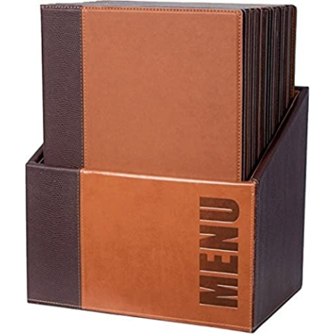 SECURIT - 20 Speisekarten Trendy Line + Sammelbox - 1 fester, doppelseitiger Einleger = 4 DIN A4-Seiten - Möglichkeit zum Hinzufügen Einleger - Für Bars, Restaurants - PU-Kunstleder - Braun