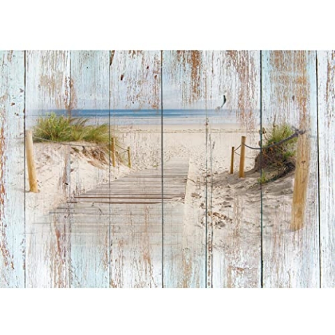 Runa Art Fototapete Strand Holzoptik 352 x 250 cm Vlies Tapeten XXL Moderne Wandtapete Wohnzimmer Schlafzimmer Blau Braun 9111011a