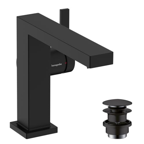 hansgrohe Tecturis E - Waschtischarmatur mit Push-Open Ablauf, energiesparend (CoolStart), Wasserhahn Bad mit Auslauf Höhe 110mm, Mischbatterie Waschbecken wassersparend (EcoSmart), Mattschwarz