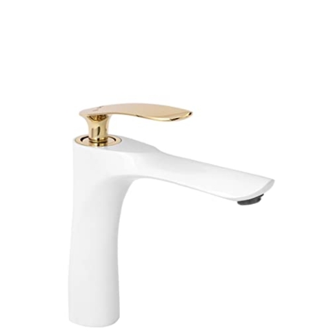 Rea Waschtischarmatur ORBIT WHITE GOLD LOW Wasserhahn Bad Badarmatur aus Messing Armatur für Waschbecken Badezimmer Mischbatterie Waschbecken Einhebel (Weiß)