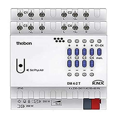 Theben 4940280 DM 4-2 T KNX 4-fach Universal-Dimmaktor FIX 1 mit Dimmbereich 0-100%, Vorschaltgerät