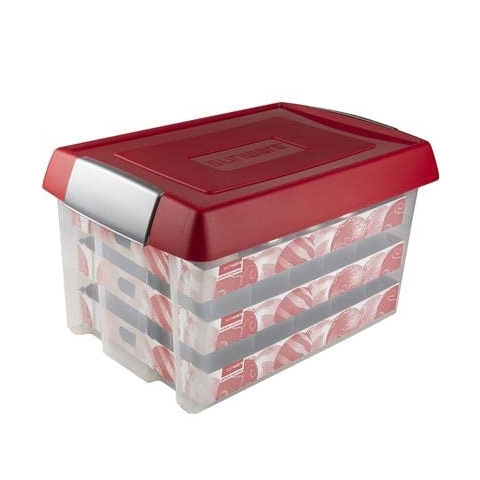 SUNWARE Nesta Weihnachtsbox 60 L mit erhöhtem Deckel + Tabletts für 60 Weihnachtskugeln (Ø70-80mm)- transparent/rot