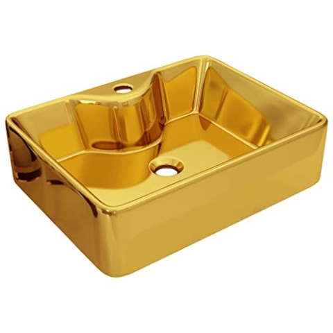 vidaXL Waschbecken mit Wasserhahnloch Aufsatzwaschbecken Waschtisch Waschplatz Handwaschbecken Waschschale Badezimmer 48x37x13,5cm Keramik Golden