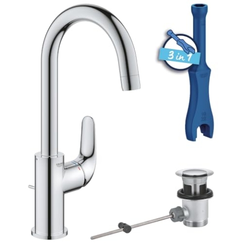 GROHE Swift, Waschtischarmatur hoch, wassersparend (Wasserhahn für das Bad, Badarmatur mit Zugstangen-Ablauf, 31cm hoch, mit 3in1 Werkzeug, einfache Installation am Waschbecken), chrom, 24330001