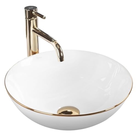 Rea Aufsatzwaschbecken Stella White Gold Edge Waschtisch Handwaschbecken Bad Waschschale Waschbecken für Badezimmer 360 x 360 x 150 mm Keramik (Weiß)
