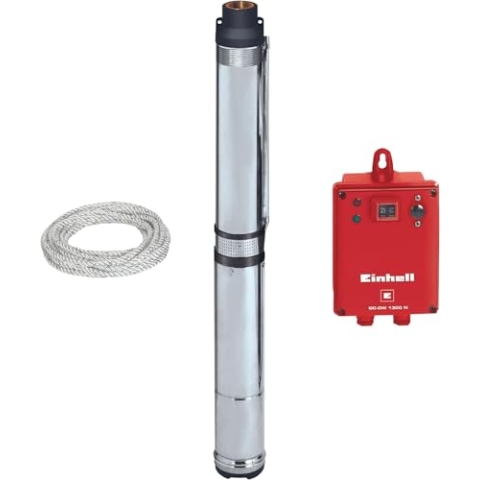 Einhell Tiefbrunnenpumpe GC-DW 1300 N (1300 W, 5.000 l/h max. Fördermenge, 20m max. Eintaucht., Edelstahlgehäuse, Edelstahlsieb, inkl. 22m Ablassseil), silber