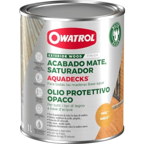 OWATROL – AQUADECKS – 5 L – Miel – Holzsättiger matt auf wässriger Basis, für den Schutz von tropischem Holz im Außenbereich Teak Ipe Bangkirai Akazie Massaranduba