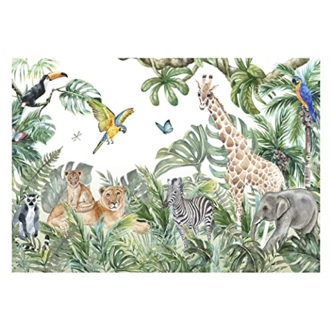 WallArena - Vlies Fototapete Kinderzimmer 312x219 cm Dschungel Tiere Wald Natur Babyzimmer - Fototapeten Tapeten für Kinder Kindertapete Kinderzimmertapete - Vliestapete Wandtapete Tapete 3D Effekt