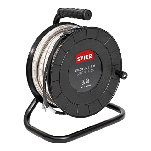 STIER LED Streifen Baustrahler, 15m, 13.500lm, 6400k, 900lm/m, erweiterbar auf 75m, direkt Anschluss, LED Strip, PVC, Schutzart IP65, mit praktischen Standfüßen und Handgriff