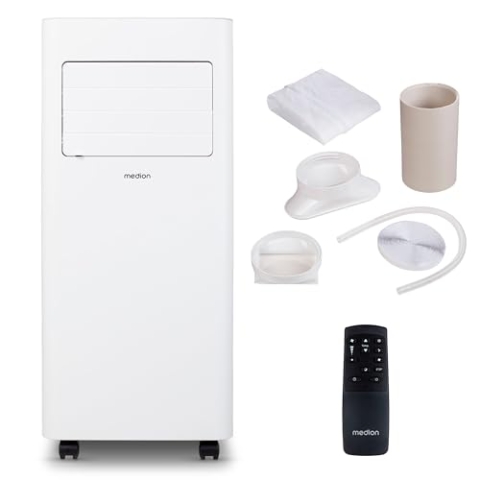 MEDION Mobile Klimaanlage mit Abluftschlauch E901 (9000 BTU, mobil, inkl. Fensterabdichtung, bis 32m², 3in1 Kühlen Entfeuchten Ventilieren, Schlafmodus, MD 37731)