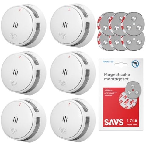 SAVS S10 Stand-Alone-Rauchwarnmelder - Integrierte 10-Jahres-Batterie - Optischer Doppelsensor - Fernbediente Mute-Funktion - Magnetische Montage ohne Bohren - Schlankes Design - Weiß - 6er Set