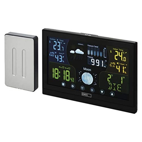 EMOS - Funk-Wetterstation mit Außensensor - Touchscreen-Farbdisplay, Thermometer, Hygrometer, Barometer, Wettervorhersage - DCF Funkuhr - 13 Funktionen - inkl. Netzteil, Wand-/Tischhalterung