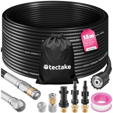 tectake® Rohrreinigungsschlauch 2x Rohrreinigungsdüse, Rohrreiniger Abflussreiniger für Hochdruckreiniger, Rohrreinigung für Abfluss, Abflussrohr, Kanalreiniger, Toilettenreiniger (15m)
