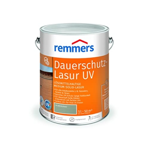 Remmers Dauerschutz-Lasur UV silbergrau, 5 Liter, Dekorative Medium-Solid-Lasur für Außen, auch für helle Farbtöne und farblos UV+, wetterbeständig