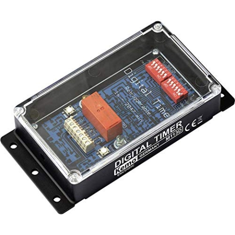Kemo M113D Digitaler Zeitschalter 12 V/DC für Zeiten zwischen 1 und 2047 Sekunden / Minuten. Mit LED-Anzeigen. Steuern durch externe Steuerimpulse oder automatisch nach Einschalten