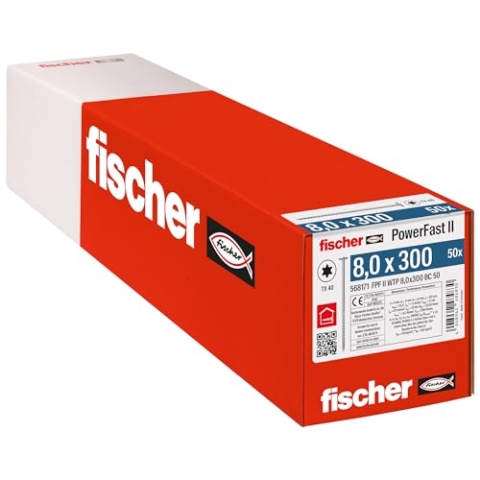 fischer PowerFast II WTP 8,0 x 300, kraftvolle Holzbauschraube mit Tellerkopf, Innenstern-Aufnahme und Teilgewinde, für den konstruktiven Holzbau, 50 Stk.