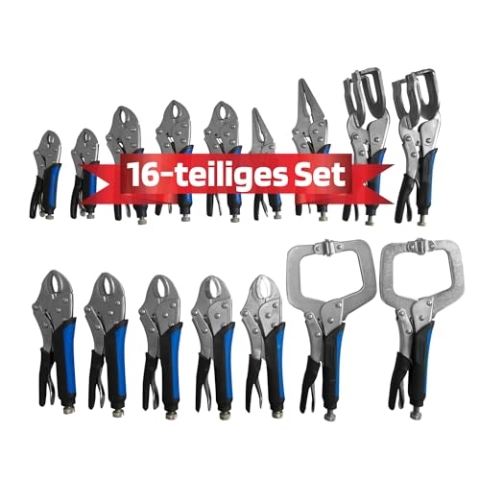 SW-Stahl 41560L Gripzangen Satz 16-teilig I Universalzange, Schweißzange, Langbeck Zange, Punktschweißzange I Feststellzangen Set aus Chrom Vanadium Stahl I Gripzangen Set Schweißen I Schweißzubehör