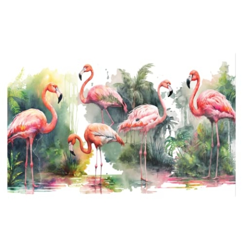 WallArena - Vlies Fototapete Flamingo Tiere Pflanzen Blätter Aquarell 368x254 cm - Fototapeten - Tapeten - für Wohnzimmer Schlafzimmer - Vliestapete Wandtapete Tapete 3D Effekt- inkl. Kleister