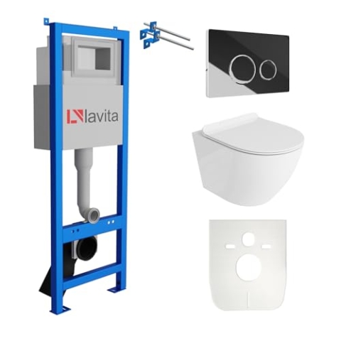 Lavita LAV 101 Vorwandelement für WC 40cm + Wand Hänge Tiefspül WC SOFI SLIM Weiß Spülrandlos + Bedienplatte LAV 200.4.2 Verchromt | Komplettset | Unterputz Spülkasten | Toilette Komplett Sett