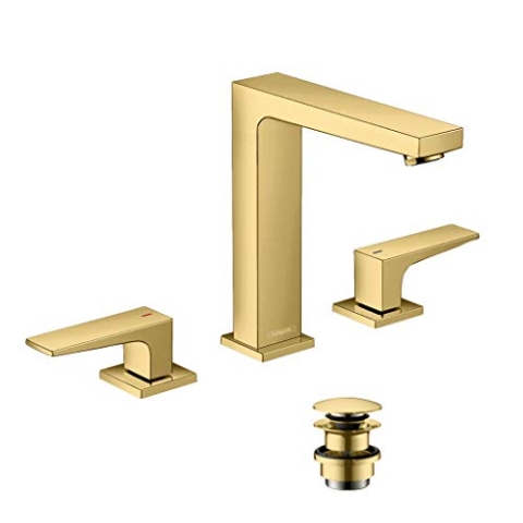 hansgrohe Wasserhahn Metropol wassersparende 3-Loch Armatur mit Komfort-Höhe 160mm und Push-Open Ablaufgarnitur, Polished Gold Optik