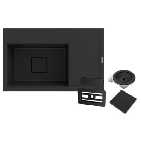 Granitan Spülbecken aus Granit 81x50,5x22 cm - Waschbecken für Küche mit modernem Ablassstopfen - Elegant Granitspüle mit Abtropffläche - Einbauspüle mit Siphon - Schwarz
