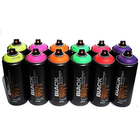 Montana Black 400 ml Set mit 12 fluoreszierenden Farben Graffiti Street Art Wandbild Sprühfarbe