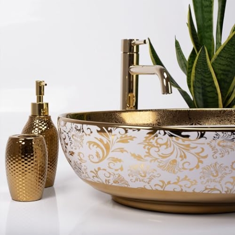 Rea Aufsatzwaschbecken MARGOT WHITE/GOLD Waschtisch Handwaschbecken Waschschale Waschbecken für Badezimmer aus hochwertiger Keramik 40 x 52 x 13,5 cm (Weiß)