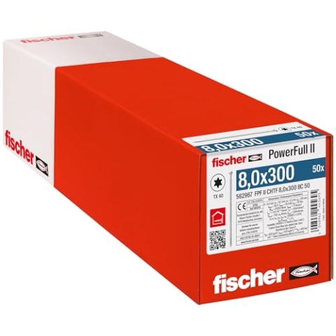 fischer PowerFull II 8,0 x 300, Premium Vollgewindeschraube (50 Stk.) mit innovativer Spitzengeometrie, Stahlschraube für tragende Holzkonstruktionen mit Zylinderkopf, vermindert Spaltrisiko