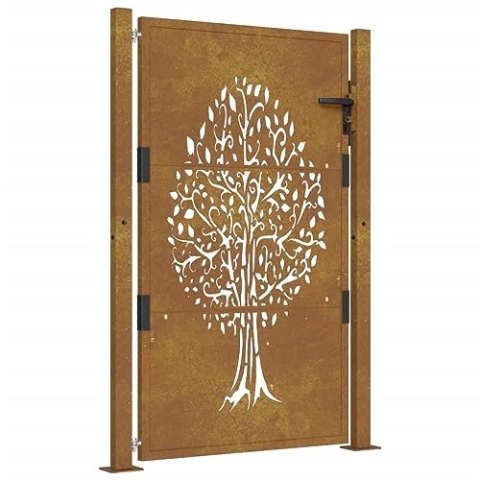 vidaXL Gartentor, Gartentür mit Baum-Design, Abschließbar Hoftor Eingangstor für Garten Terrasse, Tor Zauntor Gartenpforte, 105x130 cm Cortenstahl